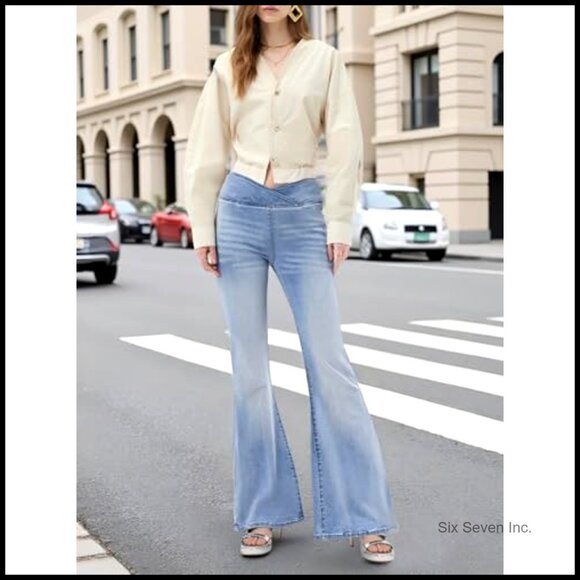 High Waisted Bell Bottom Bootcut Jeans Stretch Flare Y2K Retro Chic - Picture 2 of 7